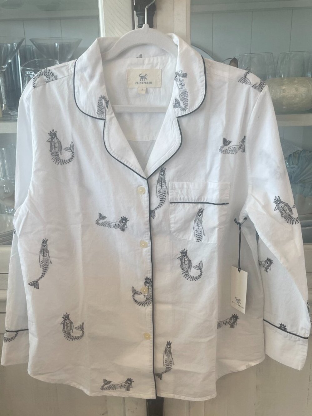 PRINT FRESH DAUGHTERS OF TRITON MERMAID SKELETON PAJAMA *TOP ONLY* EMBROIDERED S